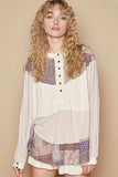 POL Half Button Balloon Sleeve Top with Printed Knit Contrast - Trendsi - Flyclothing LLC