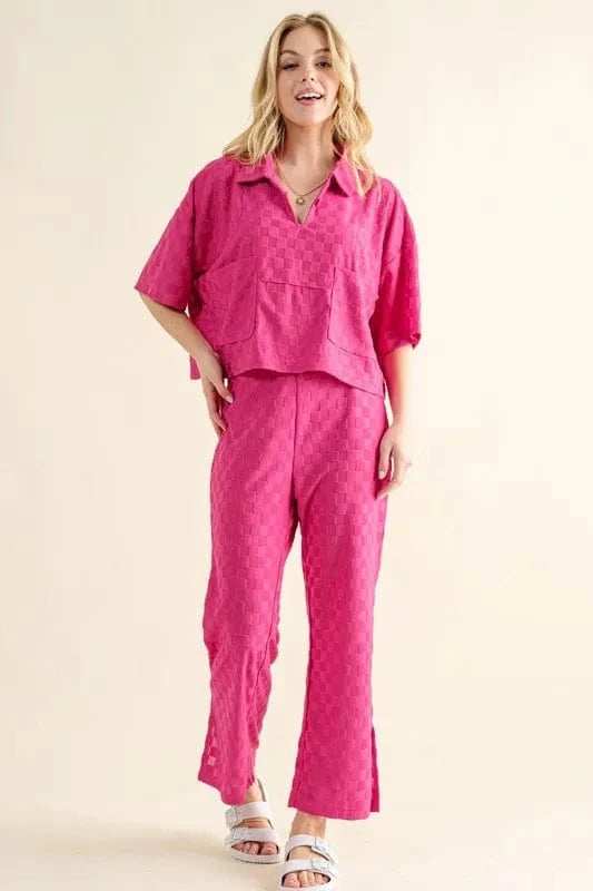 And The Why Brushed Texture Checker Board Pattern Casual Top - Trendsi - Flyclothing LLC