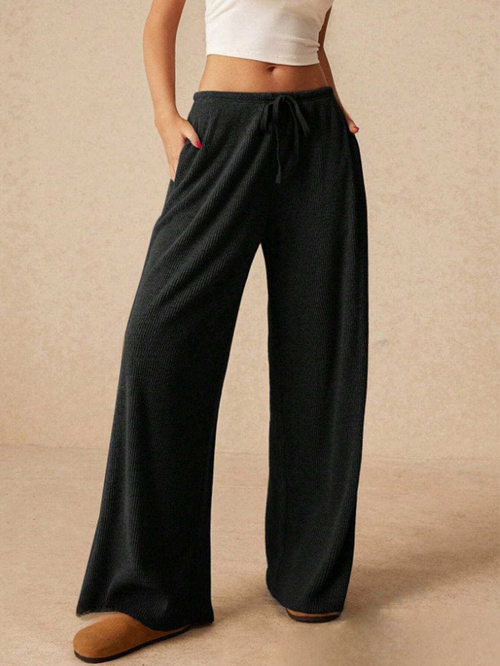 Ribbed Drawstring Wide Leg Pants - Trendsi - Flyclothing LLC