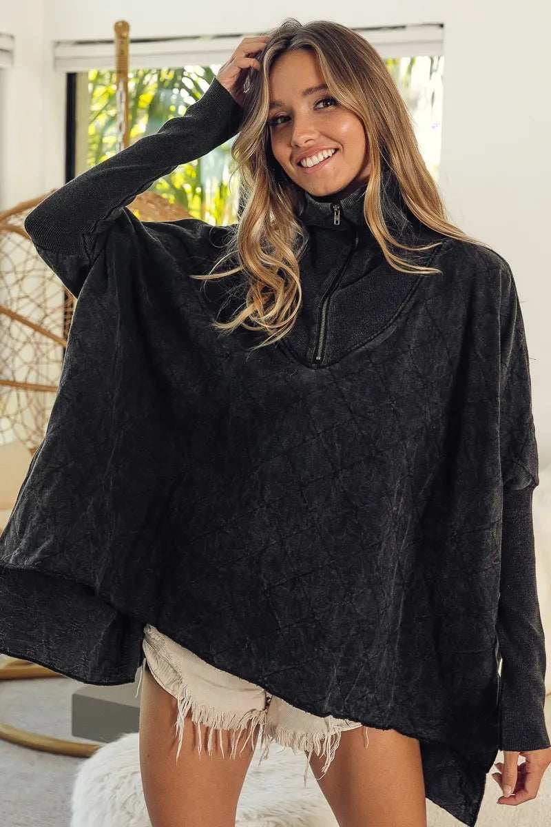BiBi Vintage Washed Quilted Half Zip Top - Trendsi - Flyclothing LLC