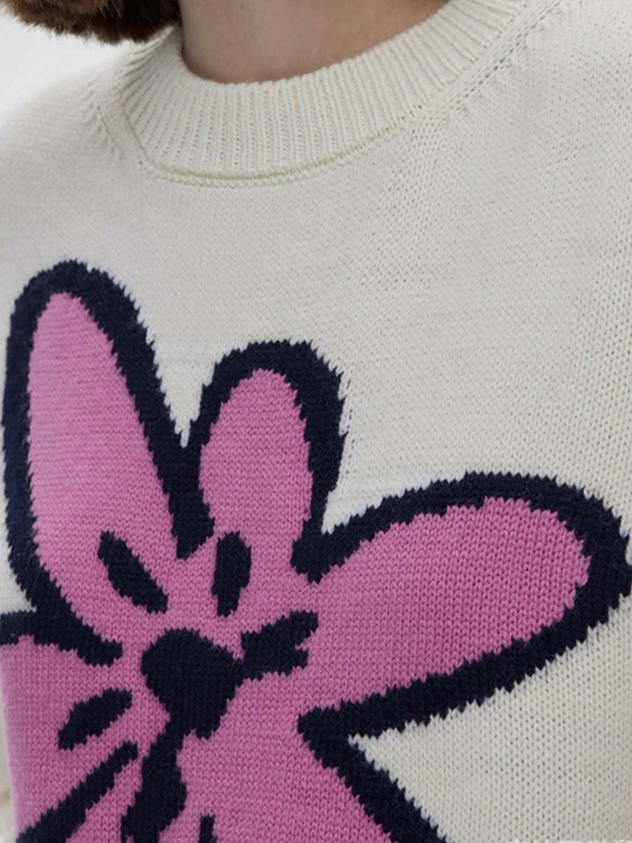 Flower Ribbed Hem Round Neck Sweater - Trendsi - Flyclothing LLC