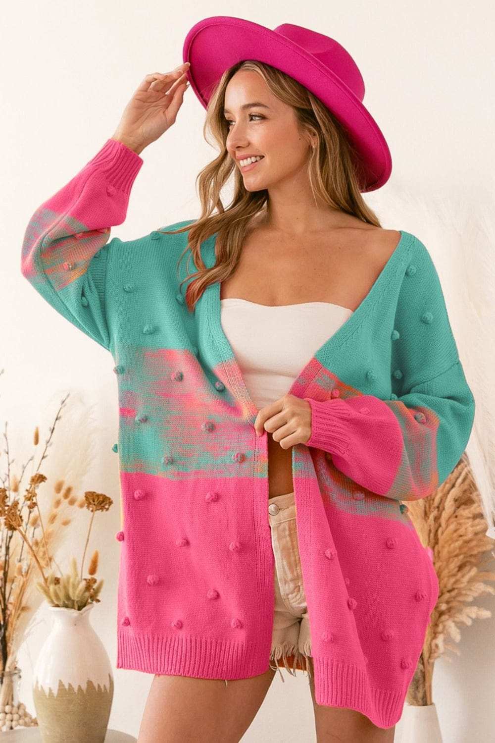BiBi Color Block Ponpon Sweater Cardigan - Trendsi - Flyclothing LLC