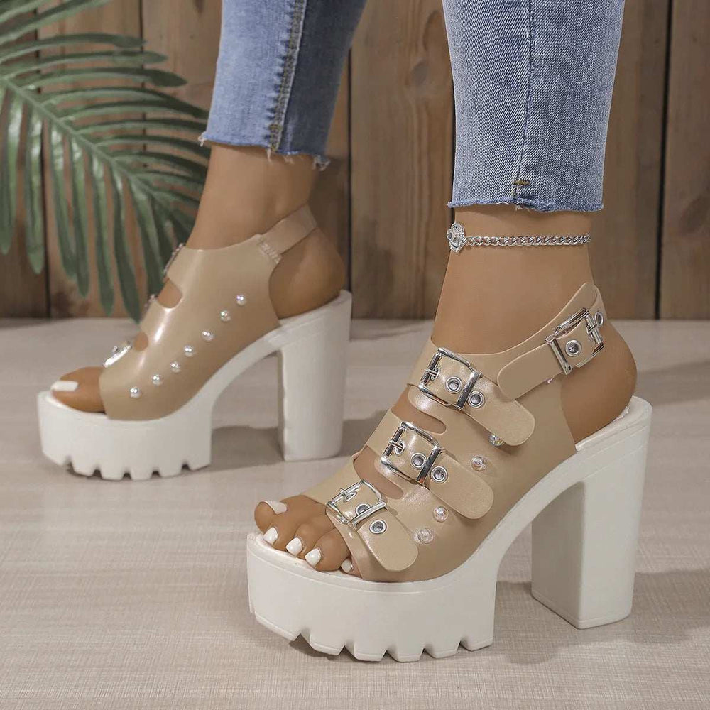 Buckle Platform Block Heels Sandals - Trendsi - Flyclothing LLC