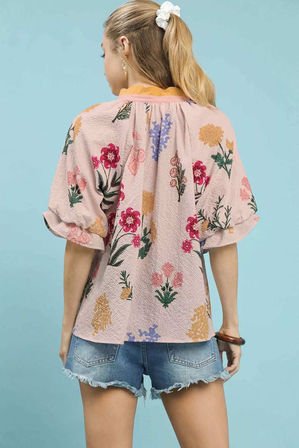 Umgee Floral Puff Sleeve Blouse with Scallop Trim Collar - Trendsi - Flyclothing LLC