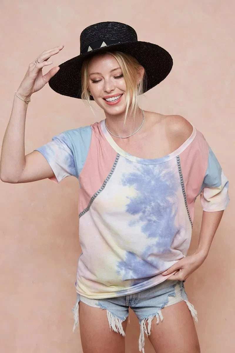 BiBi Tie Dye Printed Cotton Color Block T-Shirt - Trendsi - Flyclothing LLC