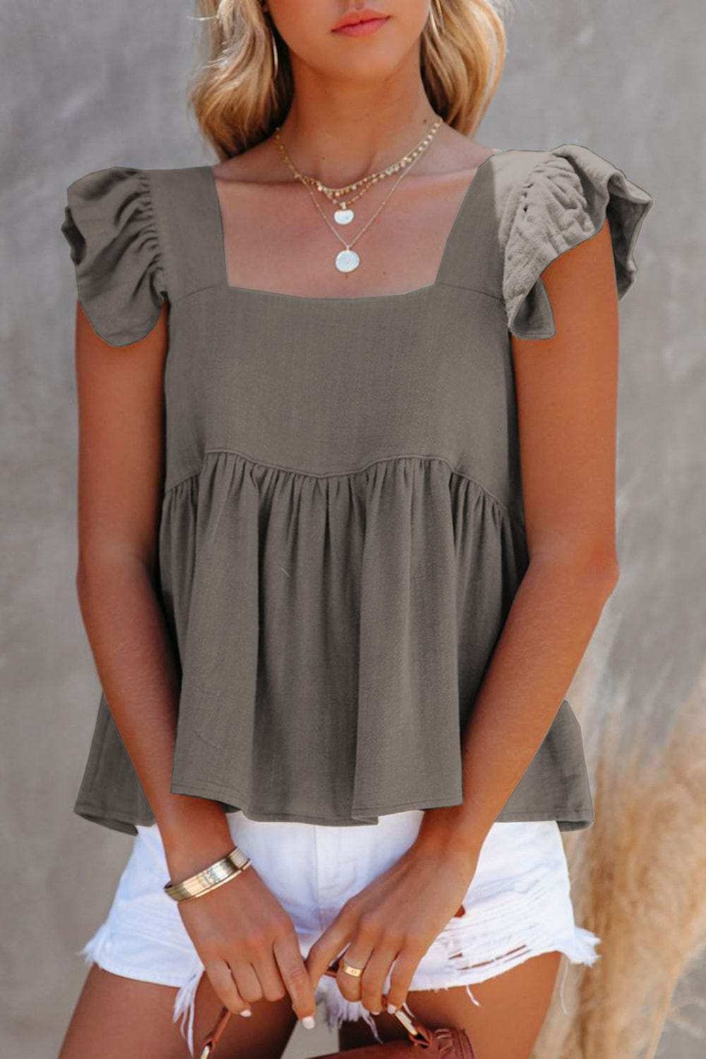 Full Size Ruffled Square Neck Cap Sleeve Blouse - Trendsi - Flyclothing LLC
