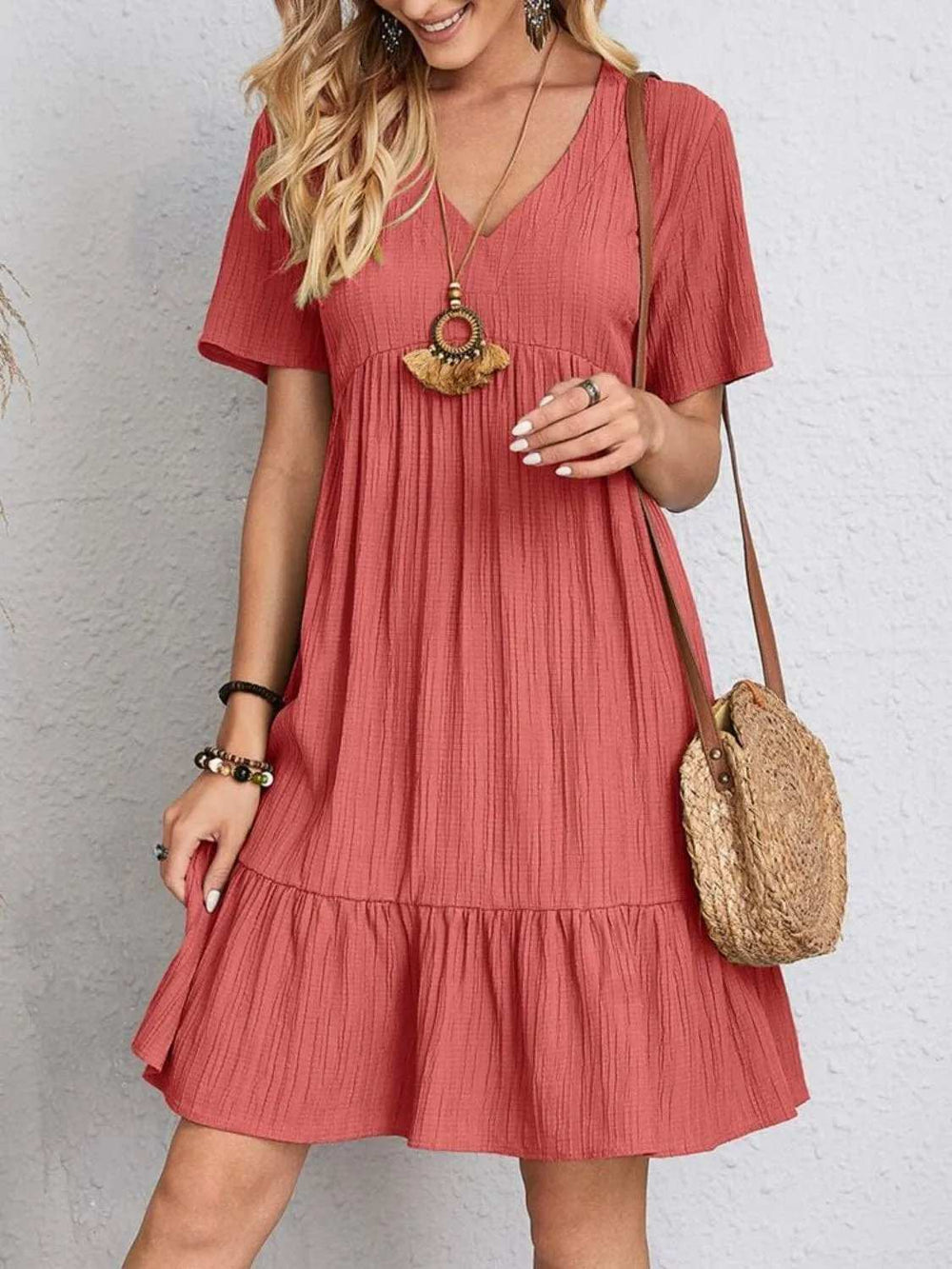 Full Size V-Neck Short Sleeve Dress - Trendsi - Flyclothing LLC