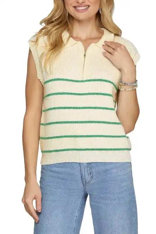 She + Sky Full Size Ribbed Hem Striped Half Zip Sweater Vest Plus Size - Trendsi - Flyclothing LLC