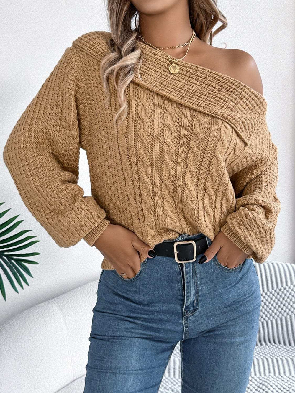 Cable-Knit One Shoulder Long Sleeve Sweater - Trendsi - Flyclothing LLC