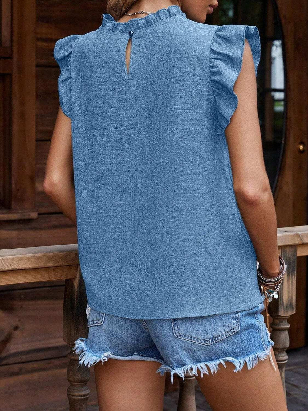 Frill Mock Neck Ruffled Cap Sleeve Blouse - Trendsi - Flyclothing LLC