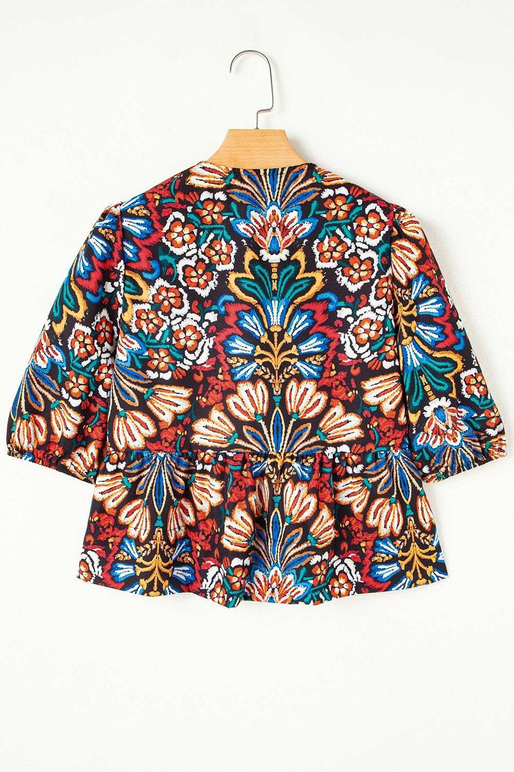 Tropical Print Puff Sleeve Knot Front Blouse - Trendsi - Flyclothing LLC