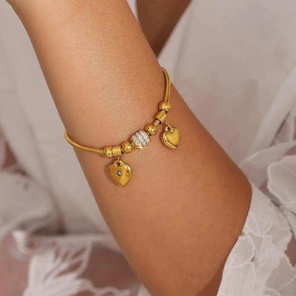 18K Gold-Plated Rhinestone Heart Charm Bracelet - Trendsi - Flyclothing LLC