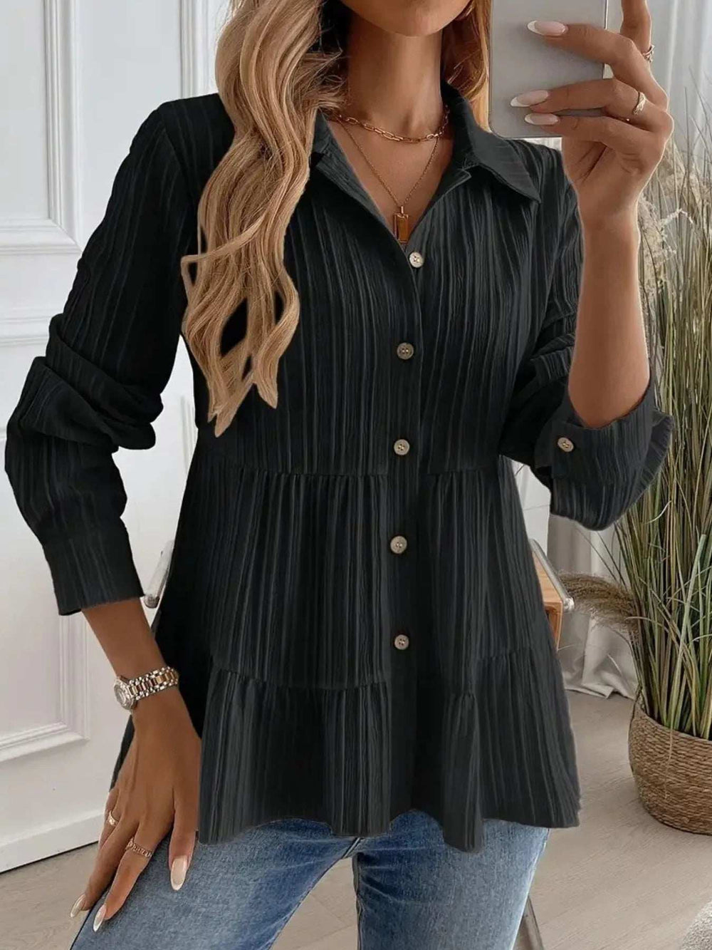 Striped Button-Down Tiered Shirt - Trendsi - Flyclothing LLC