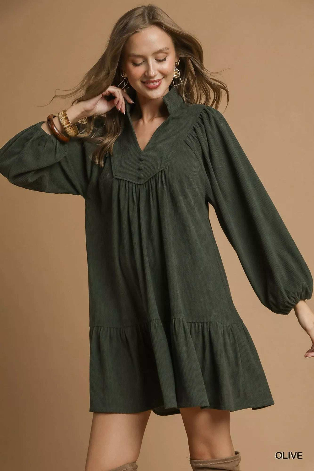 Umgee Corduroy Tiered Babydoll Dress - Trendsi - Flyclothing LLC