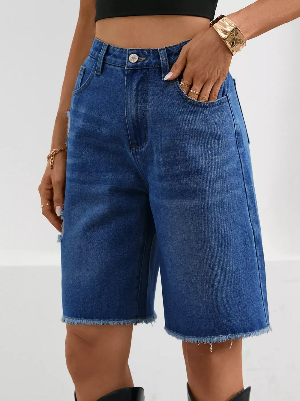 Ripped Frayed Hem Denim Shorts - Trendsi - Flyclothing LLC