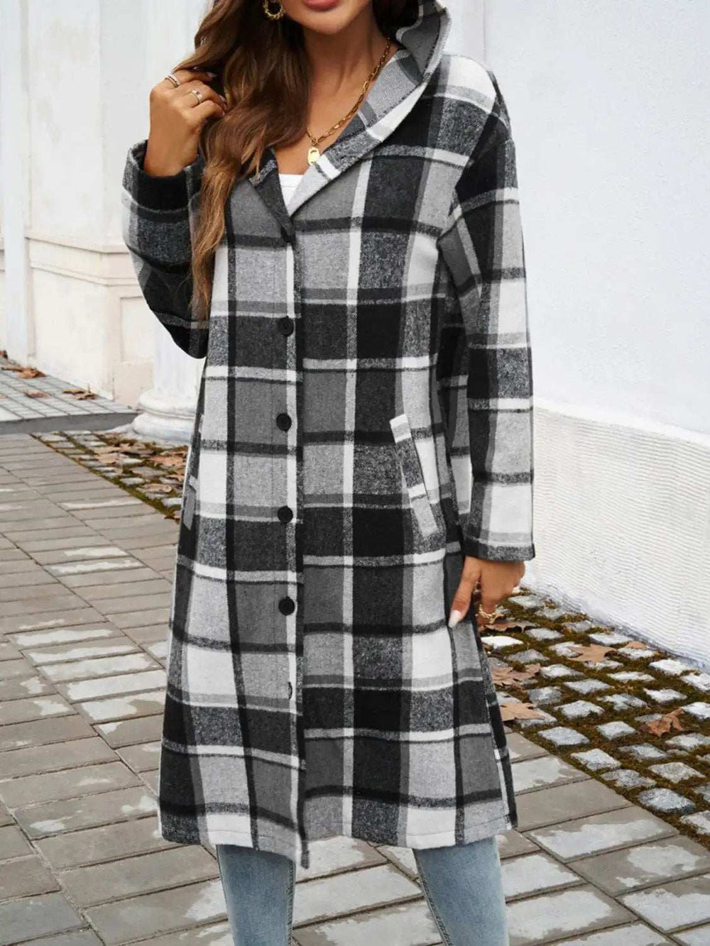 Plaid Long Sleeve Hooded Coat - Trendsi - Flyclothing LLC
