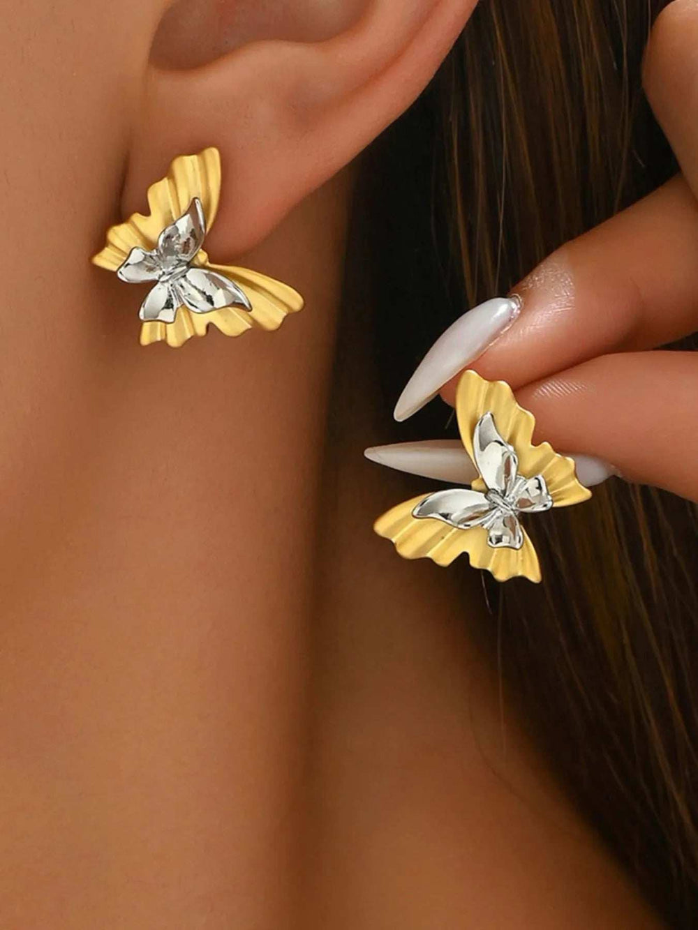 Two-Tone Stainless Steel Butterfly Earrings - Trendsi - Flyclothing LLC