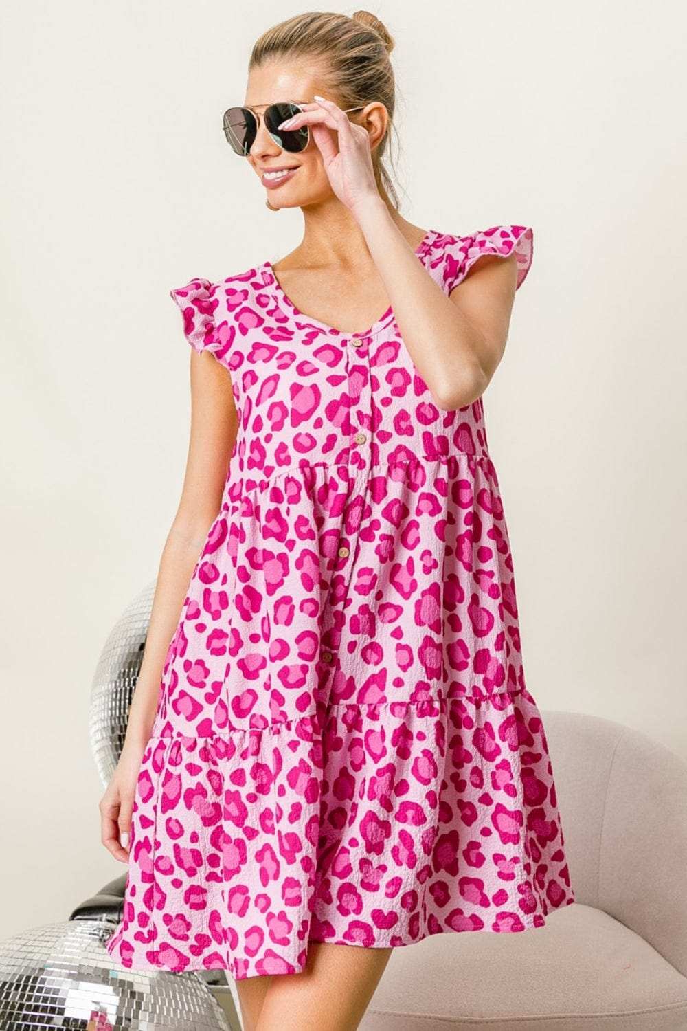 BiBi Leopard Cap Sleeve Tiered Mini Dress - Trendsi - Flyclothing LLC