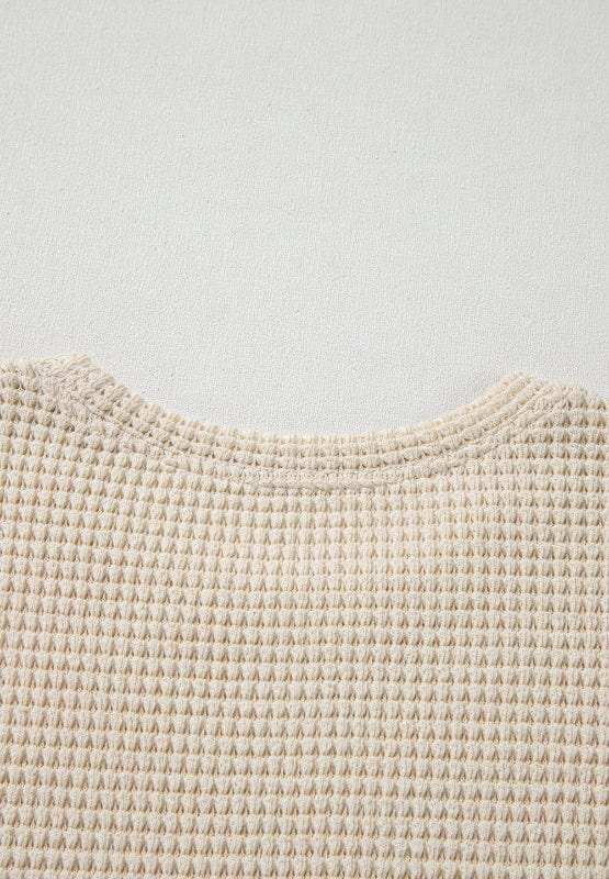 Waffle-Knit Printed Round Neck Flounce Sleeve Blouse - Trendsi - Flyclothing LLC