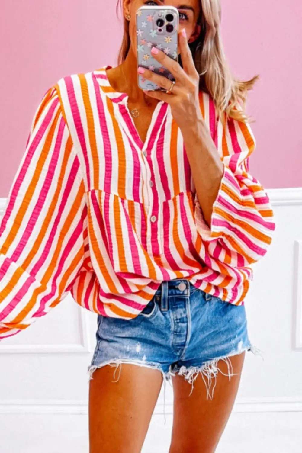 Striped Notched Flounce Sleeve Blouse - Trendsi - Flyclothing LLC