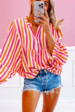 Striped Notched Flounce Sleeve Blouse - Trendsi - Flyclothing LLC