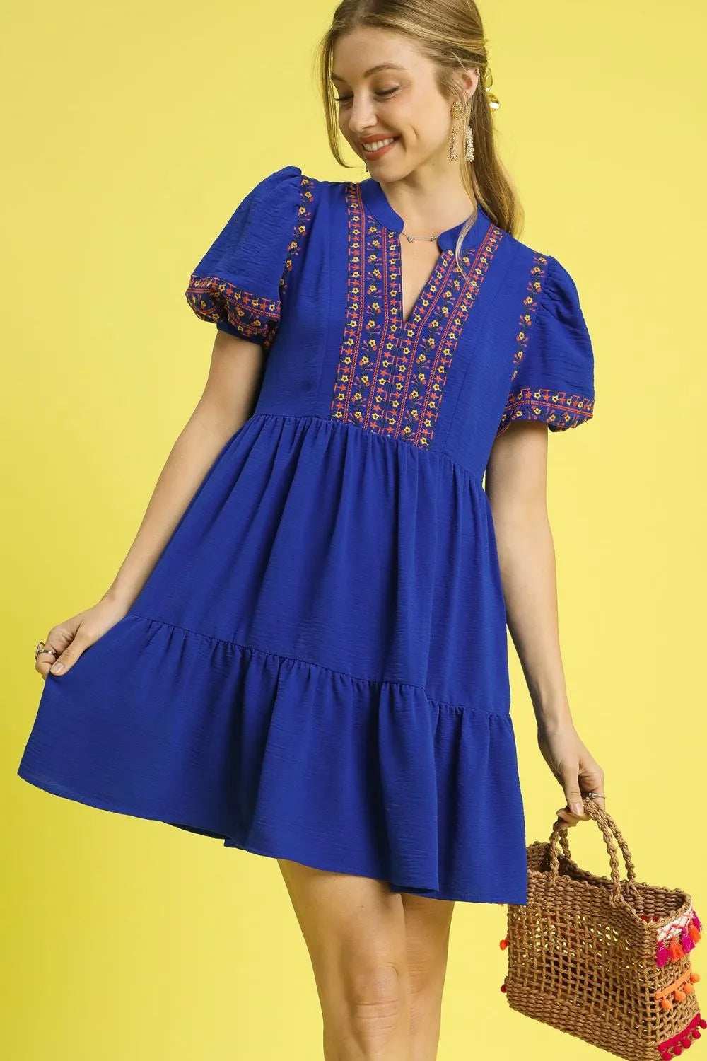 Umgee Floral Trim Puff Sleeve Mini Dress - Trendsi - Flyclothing LLC