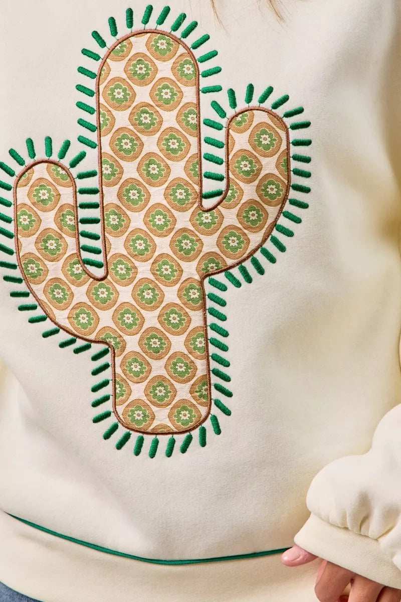 BiBi Cactus Embroidered Fleece Sweatshirt - Trendsi - Flyclothing LLC