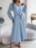 Pleated Tied V-Neck Long Sleeve Dress - Trendsi - Flyclothing LLC