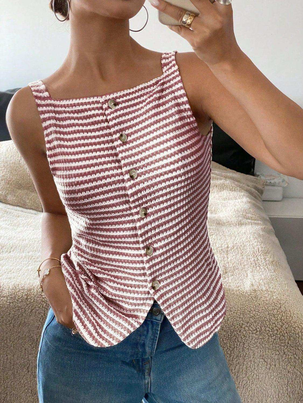 Button Down Striped Tank - Trendsi - Flyclothing LLC