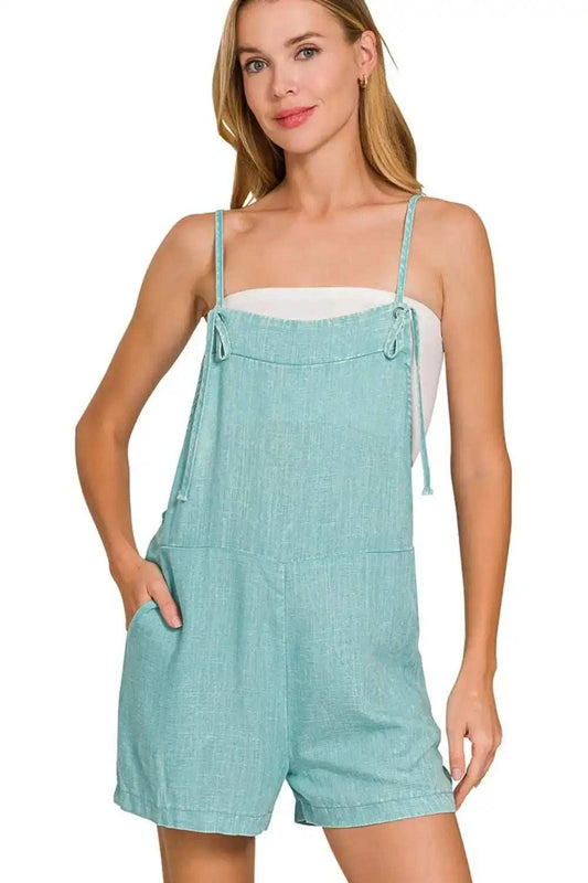 Zenana Washed Linen Knot Strap Rompers - Trendsi - Flyclothing LLC