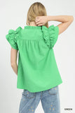 Umgee Textured Ruffle Sleeve Notched Top - Trendsi - Flyclothing LLC