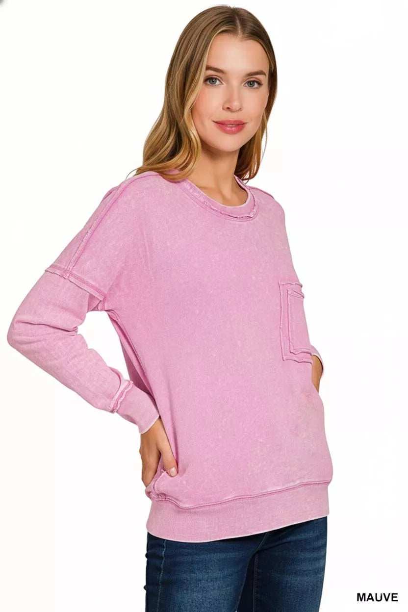 Zenana French Terry Washed Raw Edge Front Pocket Pullover - Trendsi - Flyclothing LLC