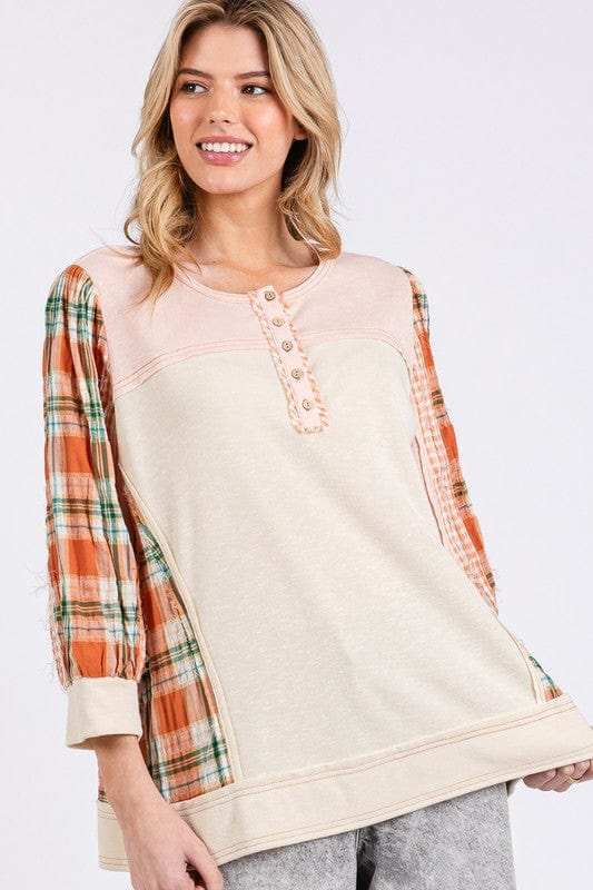 SAGE + FIG Exposed Seam Button Detail Plaid Top - Trendsi - Flyclothing LLC