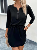 Pocketed Round Neck Three-Quarter Sleeve Dress - Trendsi - Flyclothing LLC