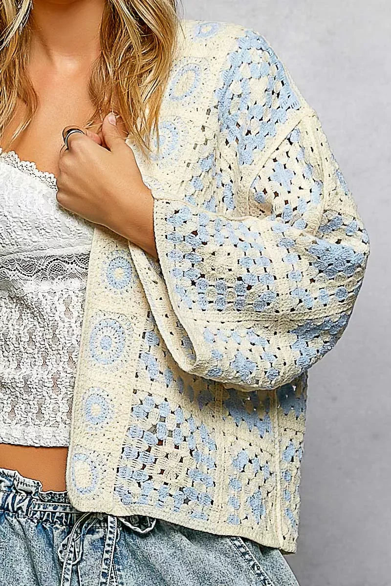 POL Open Front Crochet Cardigan with Granny Square Pattern - Trendsi - Flyclothing LLC