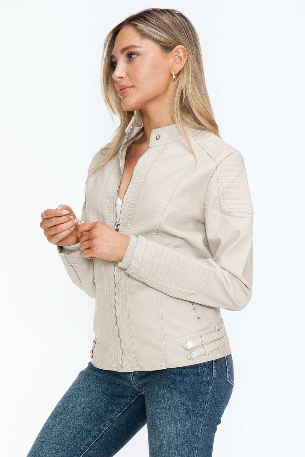 Snobbish Faux Leather Biker Jacket with Side Zip Pockets - Trendsi - Flyclothing LLC