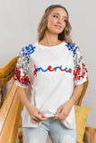 BiBi America Letter Applique Spangle Puff Sleeves Top - Trendsi - Flyclothing LLC