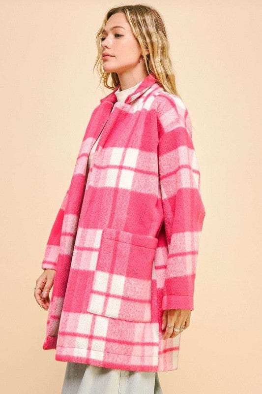 Davi & Dani Plaid Open Front Drop Shoulder Longline Coat - Trendsi - Flyclothing LLC