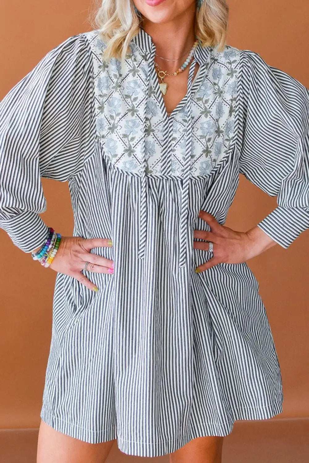 Tied Floral Printed Striped Long Sleeve Dress - Trendsi - Flyclothing LLC