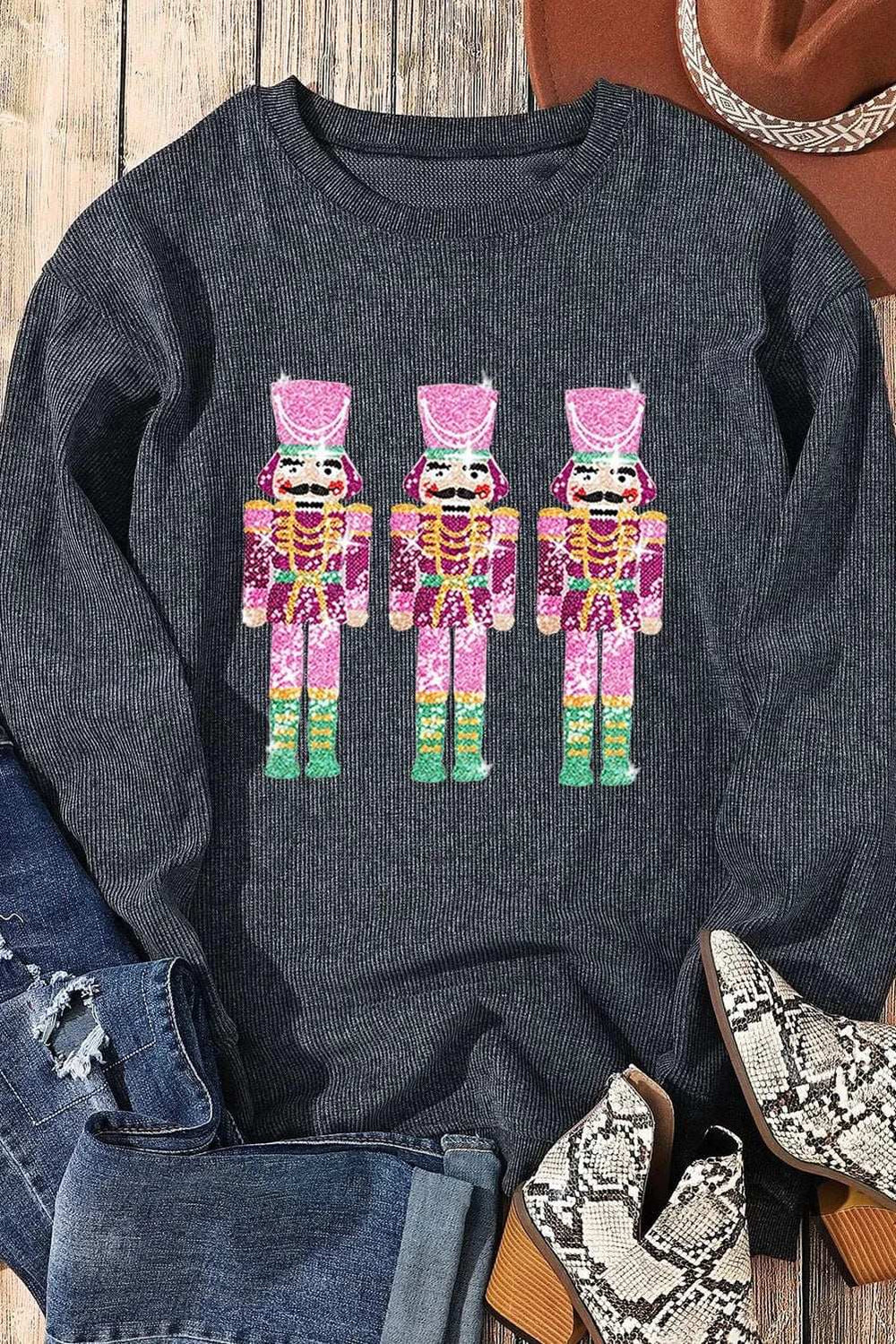 Sequin Nutcracker Round Neck Long Sleeve Sweatshirt - Trendsi - Flyclothing LLC