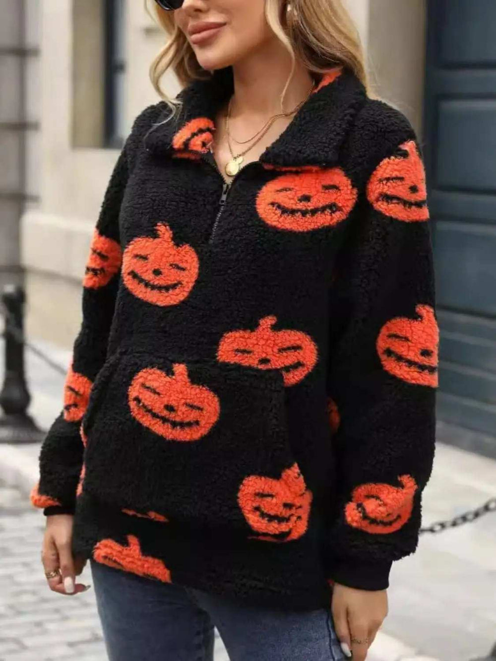 Jack-O'-Lantern Half Zip Long Sleeve Sweatshirt - Trendsi - Flyclothing LLC