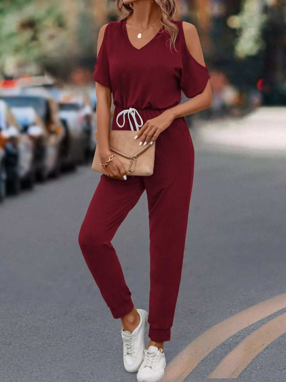 Cold Shoulder V-Neck Drawstring Waist Jumpsuit - Trendsi - Flyclothing LLC