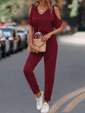 Cold Shoulder V-Neck Drawstring Waist Jumpsuit - Trendsi - Flyclothing LLC
