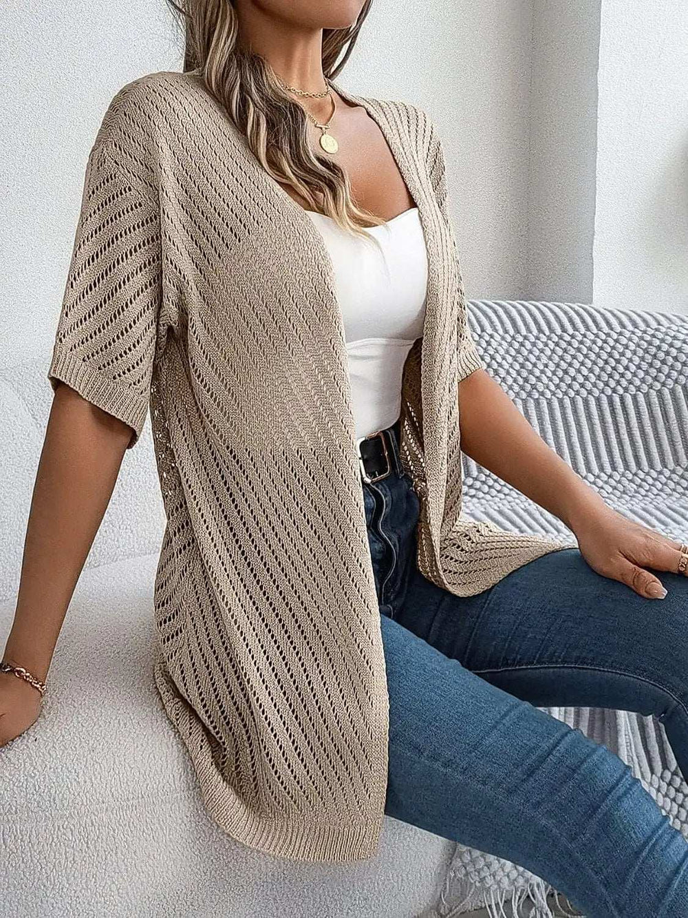 Openwork Open Front Half Sleeve Cardigan - Trendsi - Flyclothing LLC