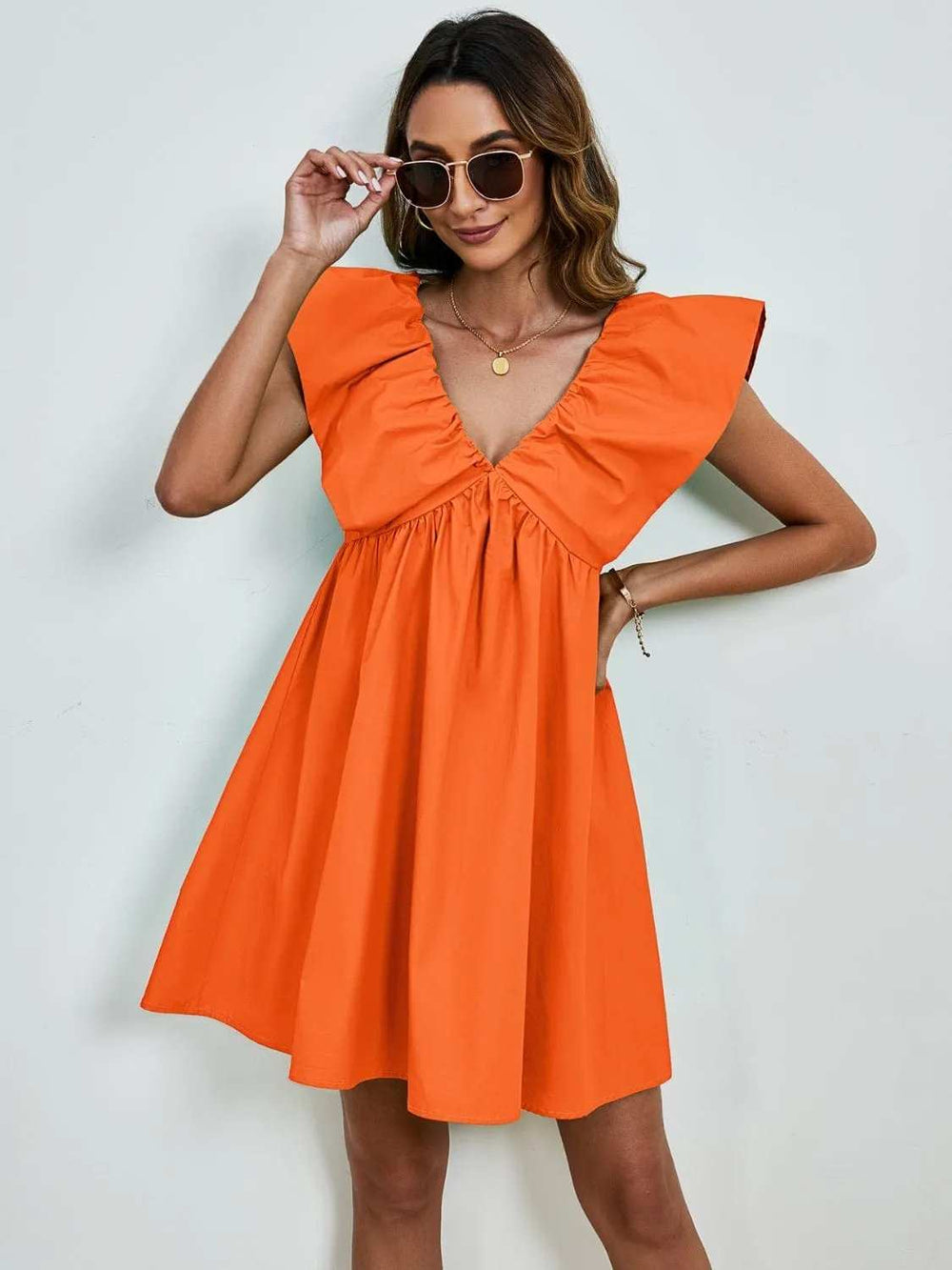 V-Neck Cap Sleeve Mini Dress - Trendsi - Flyclothing LLC