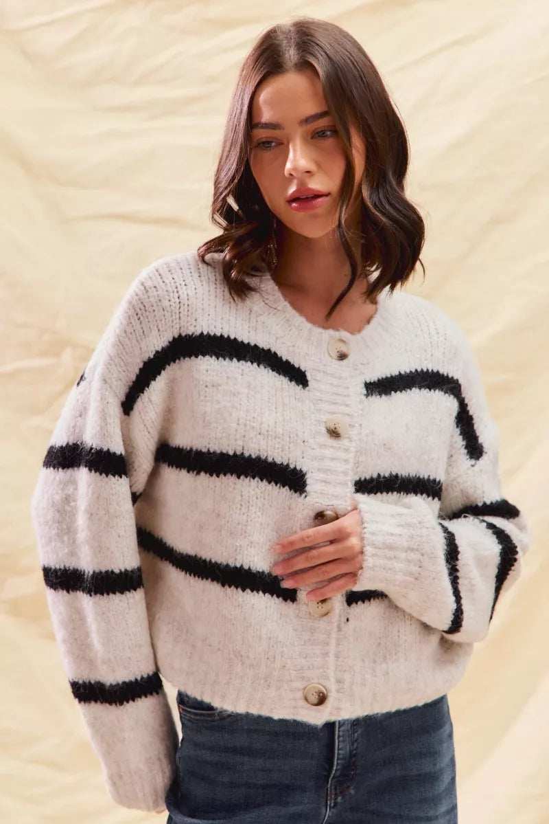 SO ME Stripe Soft Touch Button Cozy Sweater Cardigan - Trendsi - Flyclothing LLC