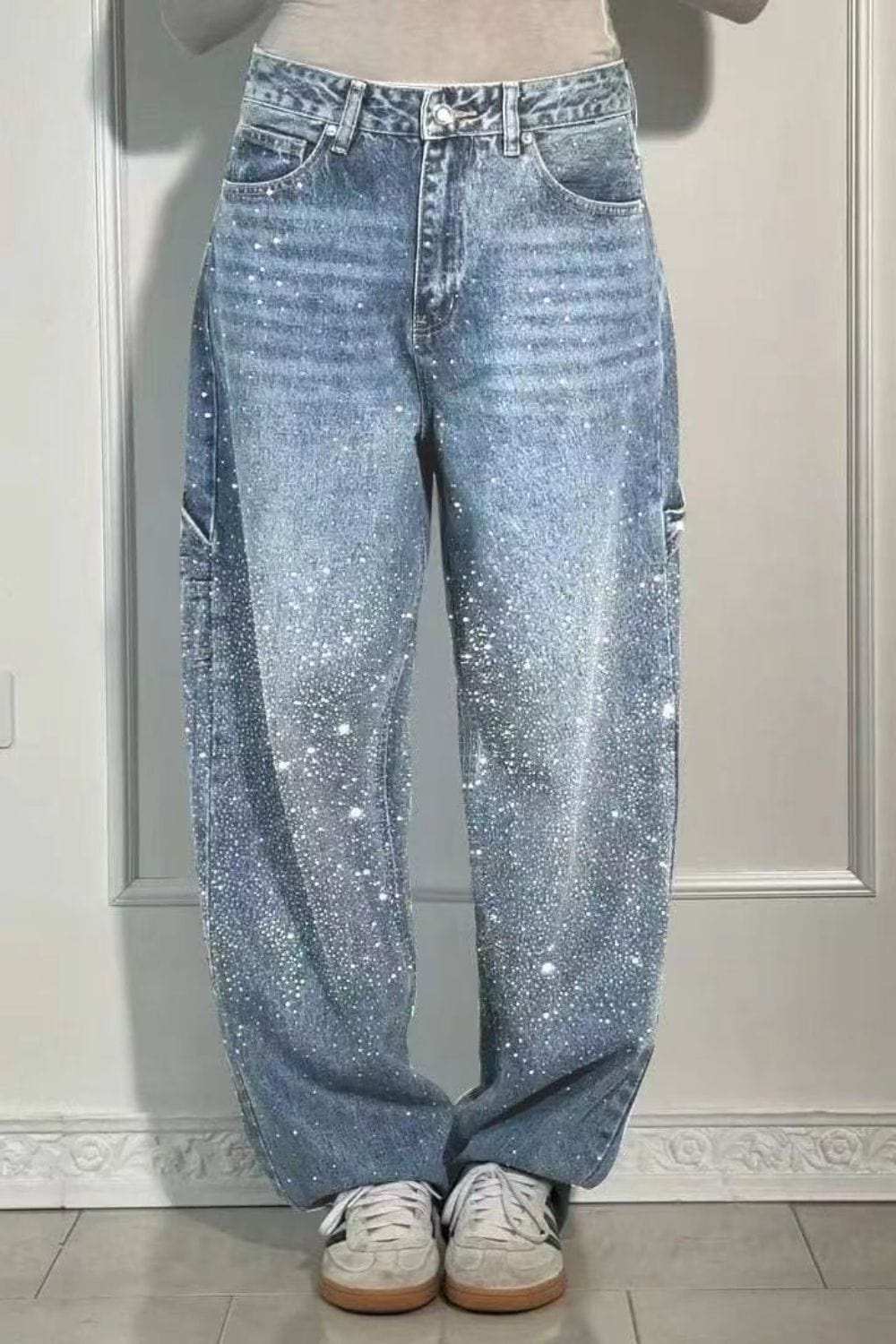 Full Size Washed Rhinestone Detail Wide leg Jeans Plus Size - Trendsi - Flyclothing LLC