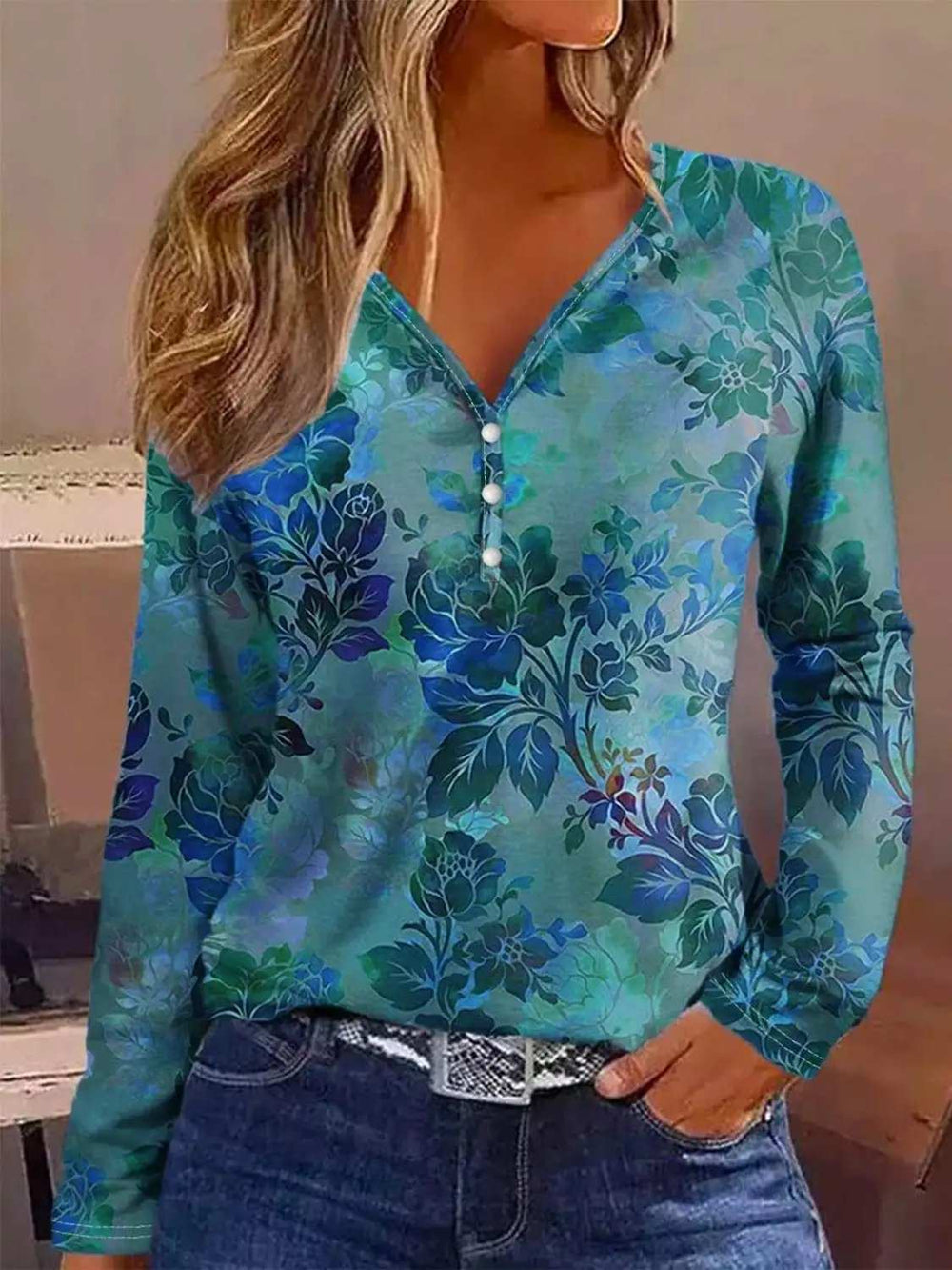 Printed V-Neck Long Sleeve Blouse - Trendsi - Flyclothing LLC