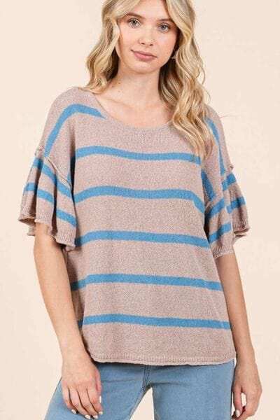 Mittoshop Striped Flounce Sleeve Knit Top - Trendsi - Flyclothing LLC