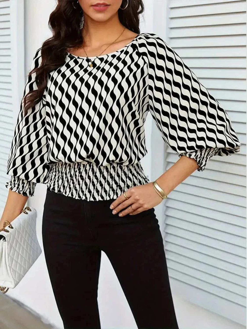 Geometric Print Lantern Sleeve Smocked Waist Blouse - Trendsi - Flyclothing LLC